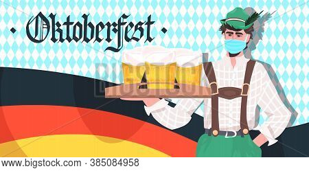 Man Holding Beer Mugs Oktoberfest Party Festival Celebration Waiter Wearing Mask To Prevent Coronavi