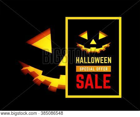 Hallloween Sale Vector Illustration With Pumpkin Face On Black Background