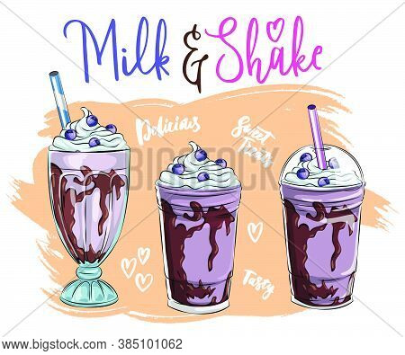 Set Of Different Milkshakes. Chocolate, Cherry, Strawberry, Vanilla And Orange Milkshakes. Cartoon V