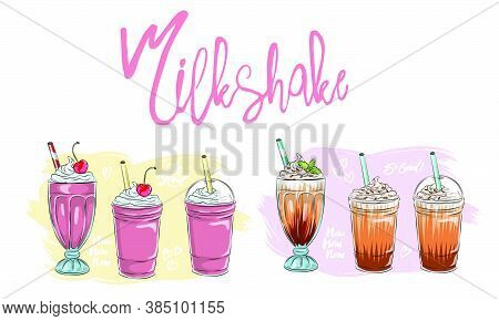 Set Of Different Milkshakes. Chocolate, Cherry, Strawberry, Vanilla And Orange Milkshakes. Cartoon V