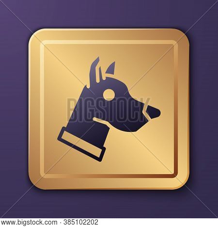 Purple Dog Head Icon Isolated On Purple Background. Gold Square Button. Vector