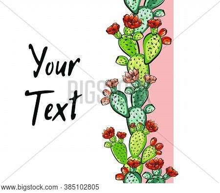 Web Banner Template Pattern, Wreath Of Cacti With Flowers, Decorative Exotic Plants  With Text Space