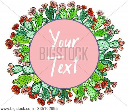 Web Banner Template Pattern, Wreath Of Cacti With Flowers, Decorative Exotic Plants  With Text Space