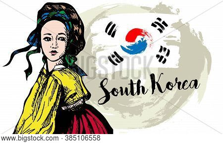 Traditional Korean Style, Sketch. Young Girl In Korean National Clothes Hanbok, Dry Brush Stroke Bac
