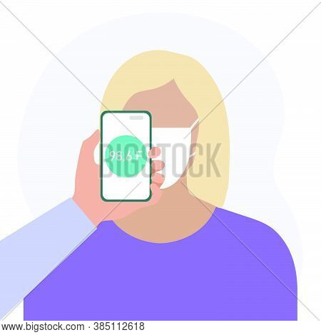 Vector Illustration Phone Placed On Forehead Of Person Remotely Measures Temperature. New Technology