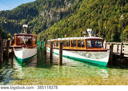 Electric Tourist Boats On Beautiful Lake Konigssee Pier Berchtesgaden National Park Bavaria Germany