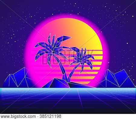 Retro Future, Slogan Give Me Back 80's, Futuristic Landscape, Mountains. Sci-fi Background. 80S Part
