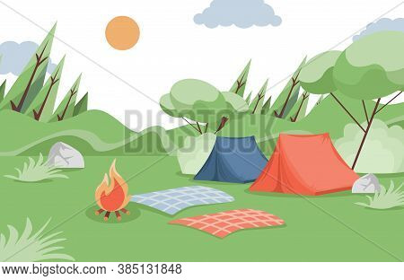 Summer Camping Vector Flat Illustration. Camping Tents, Blankets, And Bonfire In The Glade In Forest