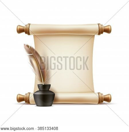 Vector Realistic Quill Pen In Inkpot Paper Scroll