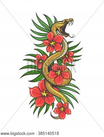 Crawling Snake With Flowers And Grass Leaves. Hand Drawn Illustration In Tattoo Style. Vector Illust