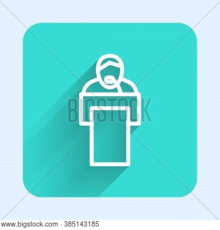 White Line Gives Lecture Icon Isolated With Long Shadow. Stand Near Podium. Speak Into Microphone. T