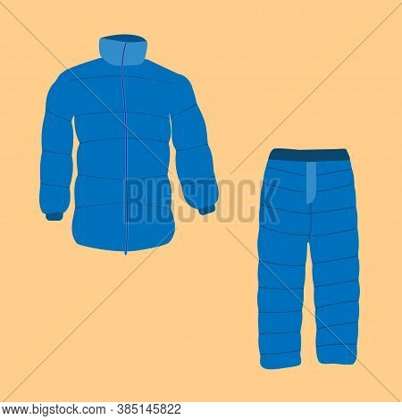 Padded Warm Jacket With A Zipper And Blue Trousers Isolate