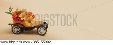 Autumn Composition Of A Toy Old Car With Rowan, Flowers And Leaves, Acorns. Autumn Banner Discounts 