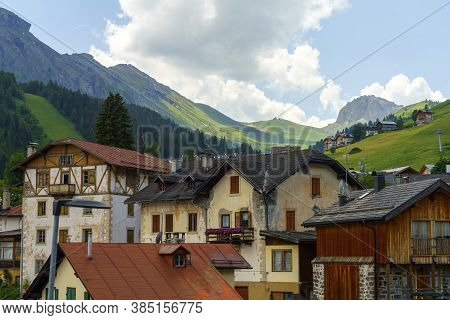 Mountain Landscape At Summer From The Village Of Arabba, Dolomites, Belluno Province, Veneto, Italy.