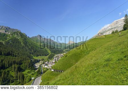 Mountain Landscape At Summer Along The Road To Campolongo Pass, Dolomites, Belluno Province, Veneto,