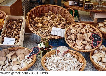 Basel, Switzerland - March 31, 2018: Mushrooms Variety At A Market Stall For Sale In Basel Farmers M