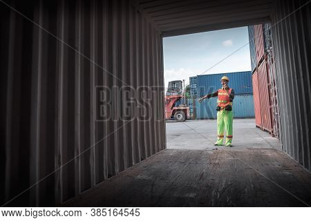 Container Supervisor Control Import/export While Inspecting Containers Box In Warehouse Storage Dist