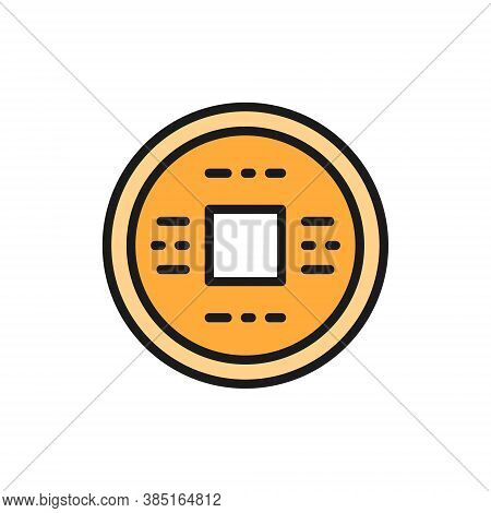 Japanese Money, Yen, Feng Shui Coin, Amulet For Good Luck Flat Color Line Icon.