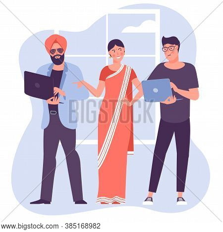 Multicultural Teamwork Illustration. Flat Desogn Vector Cartoon Characters Of People Of Different Na