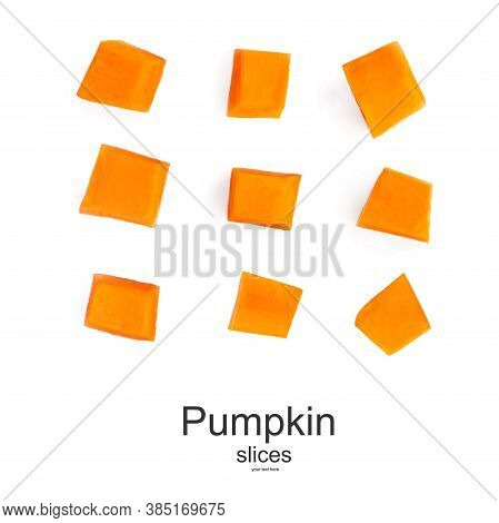 Creative Layout Made Of Pumpkin Pieces Cut In A Cube Slice Isolated On White Background. Diced Pumpk