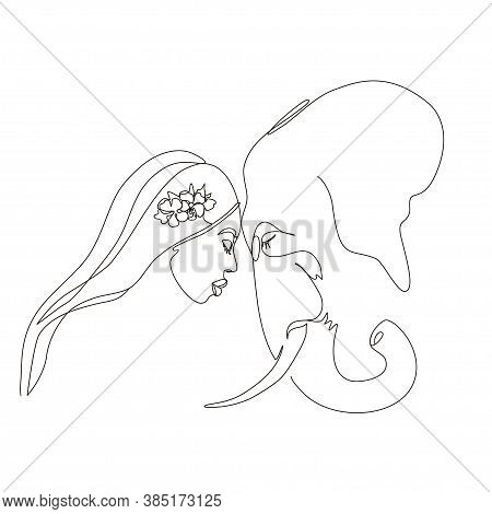 Continuous Line Art Or One Line Drawing. African Woman And Elephant Vector Illustration, нuman And A