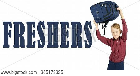 Education Concept. A Schoolboy Holds A School Bag Over His Head, The Text Is Written Next To It - Fr
