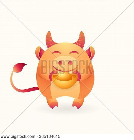 Cute Wealth Bull, Cheerful Ox Hold Gold Ingot On Isolated Background. Lunar Symbol Of Year Greeting 