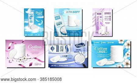 Cotton Pads Creative Promo Posters Set Vector. Cotton Pads Heap And Blank Package, Flowers And Bird 