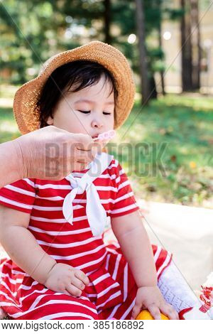Cute Little Baby In A Red Dress And Srtaw Hat On A Picnic In The Park