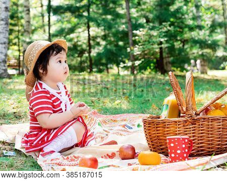 Cute Little Baby In A Red Dress And Srtaw Hat On A Picnic In The Park