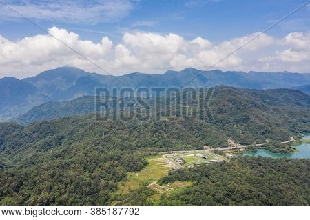 aerial landscape with famous Xiangshan Visitor Center at Sun Moon Lake, Nantou, Taiwan