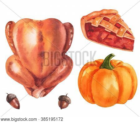 Thanksgiving Day Set With Roasted Turkey, Pumpkin, Acorns, Apple, Pie. Watercolor Illustration Handr