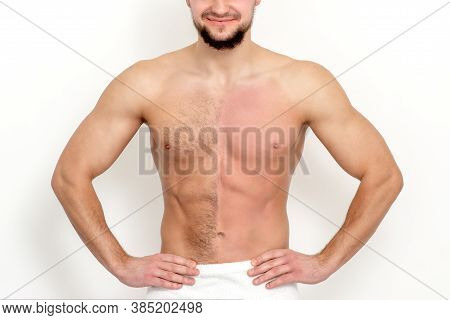 Young Caucasian Man With Bare Chested Before And After Waxing His Hair Stands On White Background
