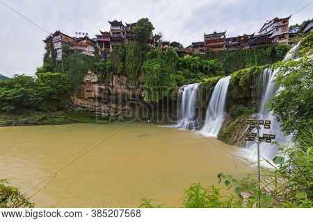 Furong, China - May 29, 2018: Furong ancient village and waterfall in Hunan.