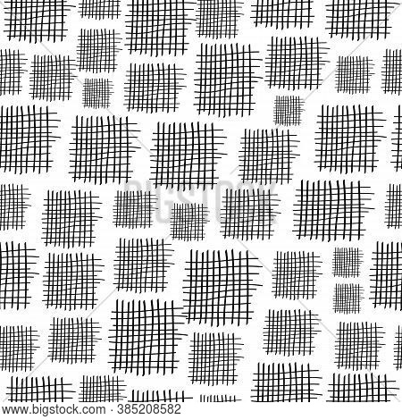 Simple Doodle Pattern With Patches. Monochrom Vector Seamless Background.