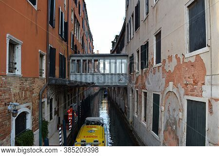 Venice, Italy 02 12 2017: Venetian Ambulace Boat On Canal Unique Transport Emergency