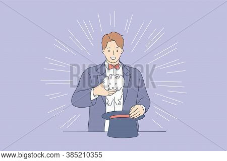 Perfomance, Show, Magic Concept. Young Man Guy Boy Magician Cartoon Character Making Trick With Rabb
