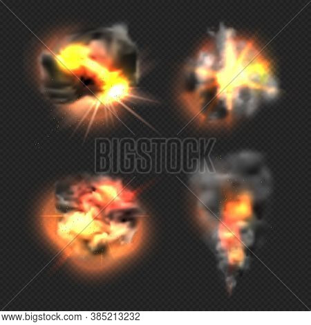 Bomb Explosion. Exploded Fire Flame And Smoke Dramatic Effects Vector Realistic Templates. Illustrat