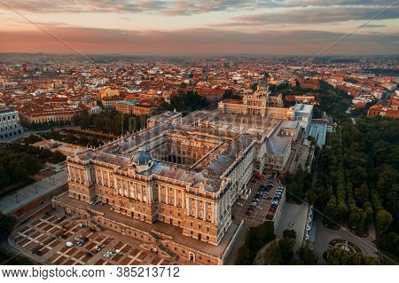 Royal Palace aerial view at sunrise in Madrid, Spain.