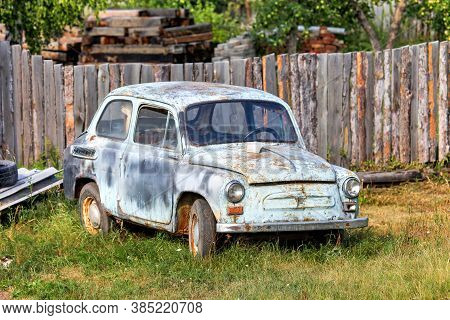 Bogdanovich, Russia - August 2, 2020: Old Soviet Supermini Car Zaz 965 Zaporozhets In The City Stree