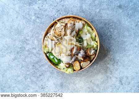 Take Away Healthy Organic Ceaser Salad With Chicken, Parmesan Cheese, Crouton Bread And Yogurt Mayon