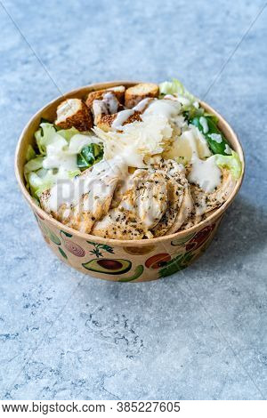 Take Away Healthy Organic Ceaser Salad With Chicken, Parmesan Cheese, Crouton Bread And Yogurt Mayon