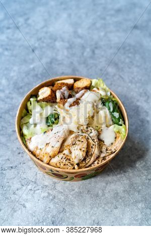 Take Away Healthy Organic Ceaser Salad With Chicken, Parmesan Cheese, Crouton Bread And Yogurt Mayon