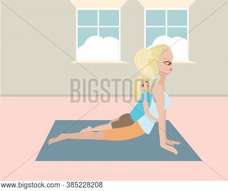 Mother And Daugther Exersize Yoga Together. People Isolated On White Background In Similar Sport Sui