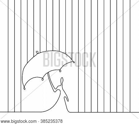 Line Art. A Person With Umbrella Under The Rain. Autumn Concept.