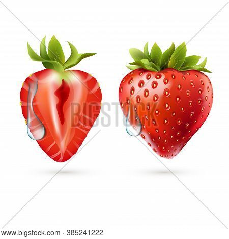 Whole Strawberry And Sliced Half Strawberry. Fresh Red Ripe Mellow Berry On White Background. Realis