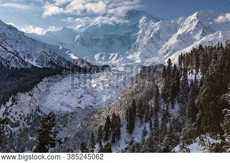 Nanga Parbat Mountain Glacier View From Fairy Meadows Valley Beautiful Winter Snow Forest Landscape 
