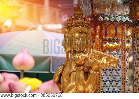 Golden Hindu God Brahma Statue Be Enshrined On Altar. Beautiful Indian Religion Traditional Lord Scu