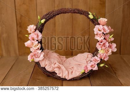 Newborn Digital Background Spring Flowers Basket Prop For Newborn. For Boys And Girls. Wood Back. Sh