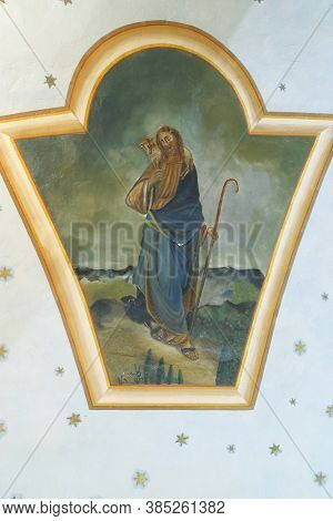 DONJA ZELINA, CROATIA - JUNE 26, 2013: Jesus the Good Shepherd, a fresco at Saint Nicholas Parish Church in Donja Zelina, Croatia